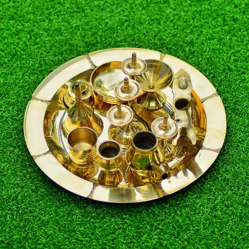 Mannar Craft Store  Brass Pooja Thali Set - Complete Puja Plate Set with  Aarti Thali, Perfect for Religious Occasions - 6 inch