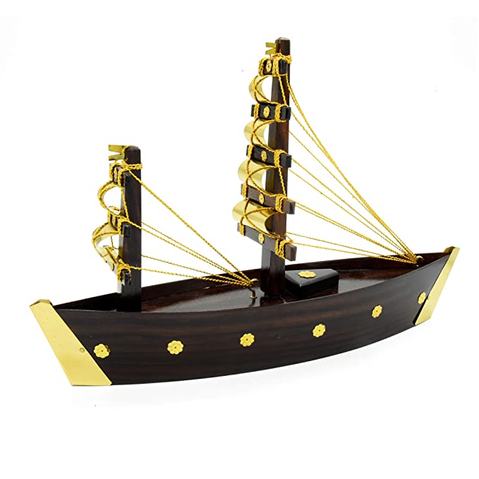 Mannar Craft Store  Decorative Wooden Ship Miniature with Brass Elements,  Ideal Home Decor and Gifting (small)